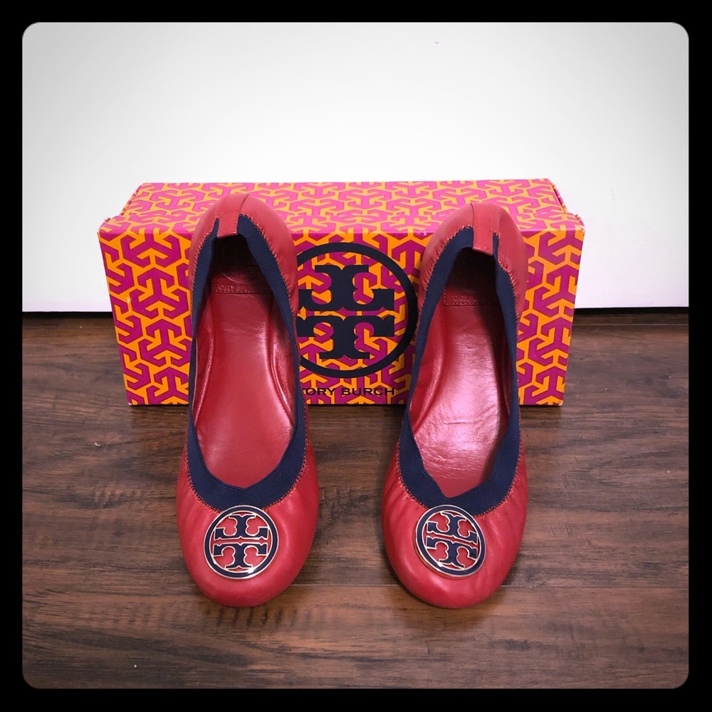 Tory Burch red w blue band ballet flat, size 7.5